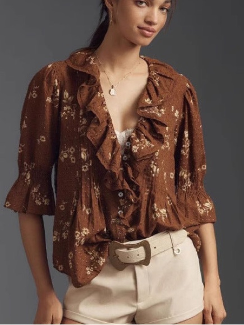 Anthropologie Brown Floral Ruffle Blouse XXS Cottagecore Boho